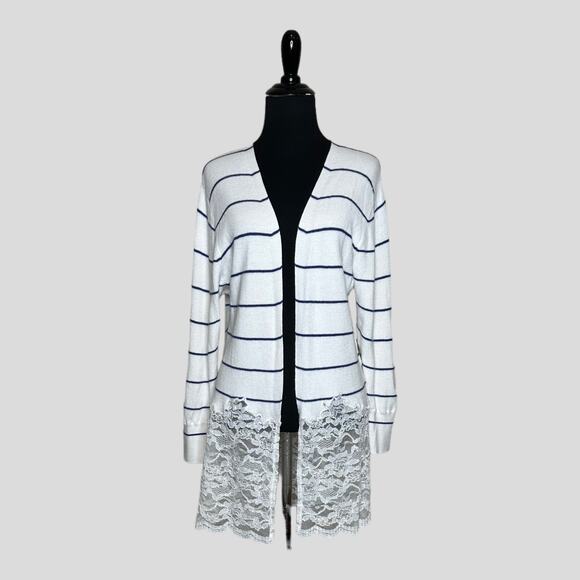 Snidel white blue striped long sleeves lace hem open front cardigan size F - OS - Picture 1 of 13